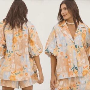 The Lullaby Club Matilda 3/4 Sleeve Button Down Linen Blend Shirt S/M